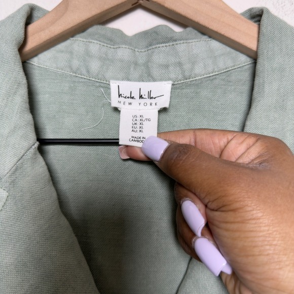 Nicole Miller Women 100% Linen Sweater Green Henley Lagenlook Coastal Minimalist - Picture 9 of 9